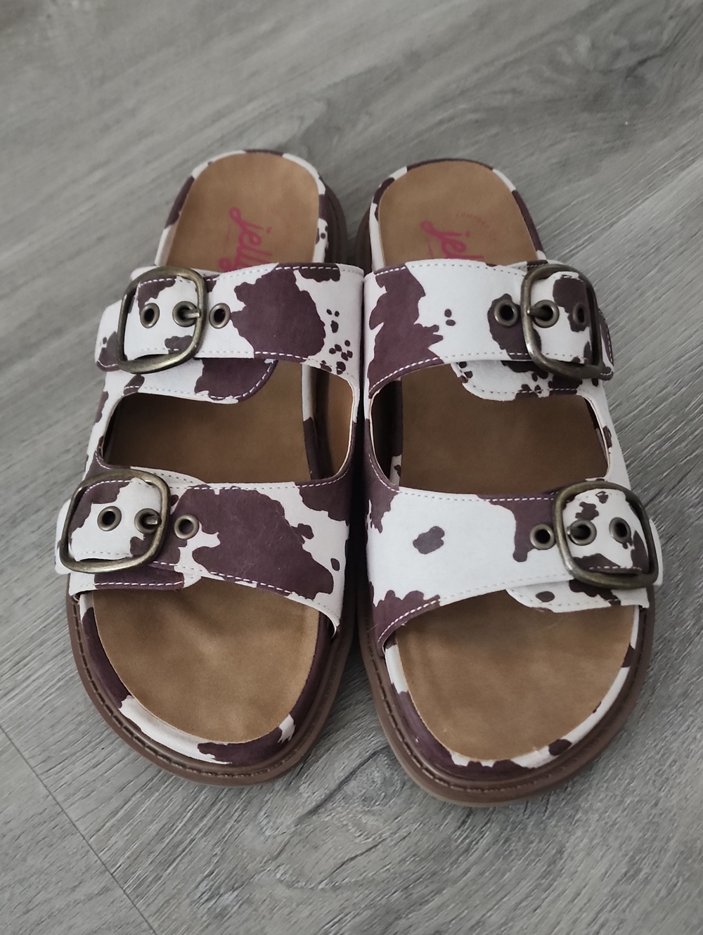 Jellypop Cow-Print Double Buckle Slides - White & Dark Brown